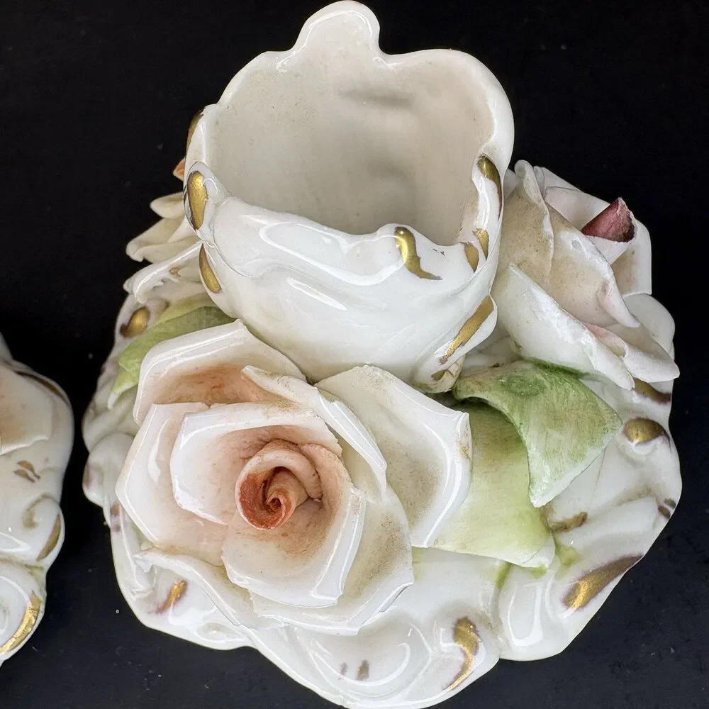Antique Capodimonte Candle Holders Italian Applied Floral 3